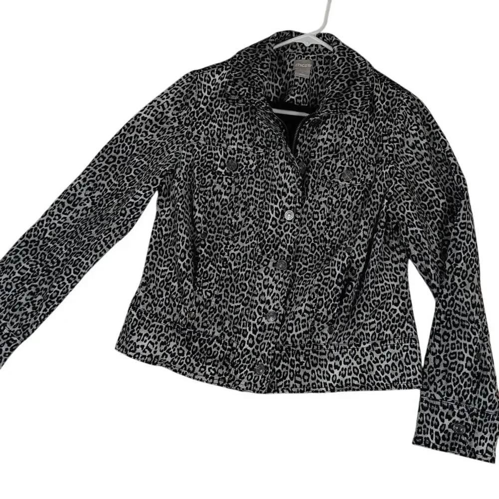 Chico's Brushed Flannel Jacket Womens 0 US 4/6 Gray Leopard Print Stretch Casual
